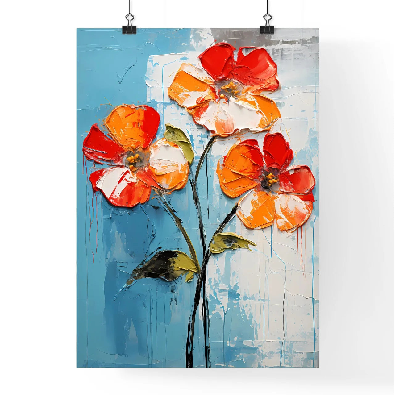 Painting Of Flowers On A Blue Background Art Poster