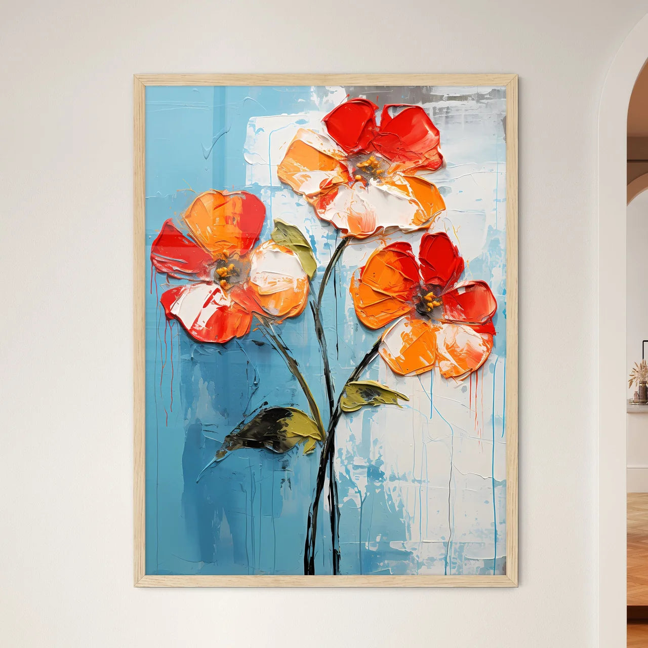 Painting Of Flowers On A Blue Background Art - Framed Art Print