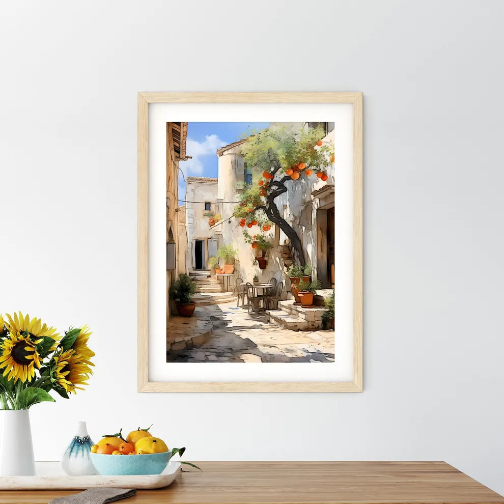 Courtyard With A Tree And Chairs Art Print Size Chart