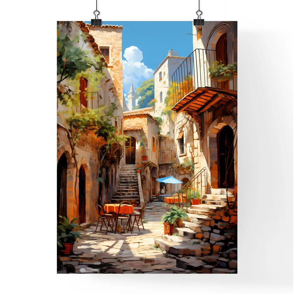 Courtyard With Tables And Chairs And Stairs Art Print Poster
