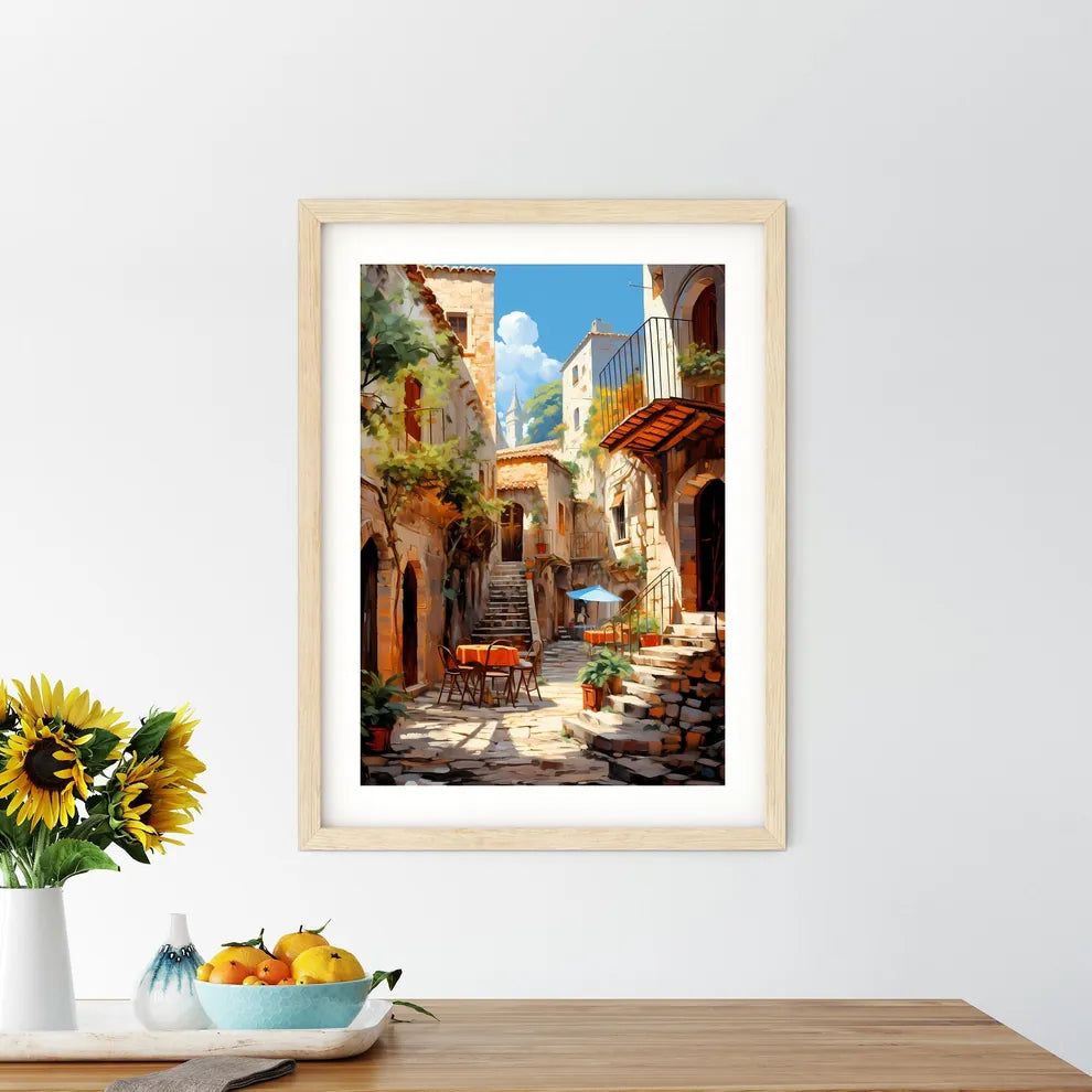 Courtyard With Tables And Chairs And Stairs Art Print Size Chart