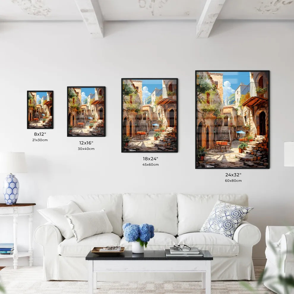 Courtyard With Tables And Chairs And Stairs Art Print Interior Design