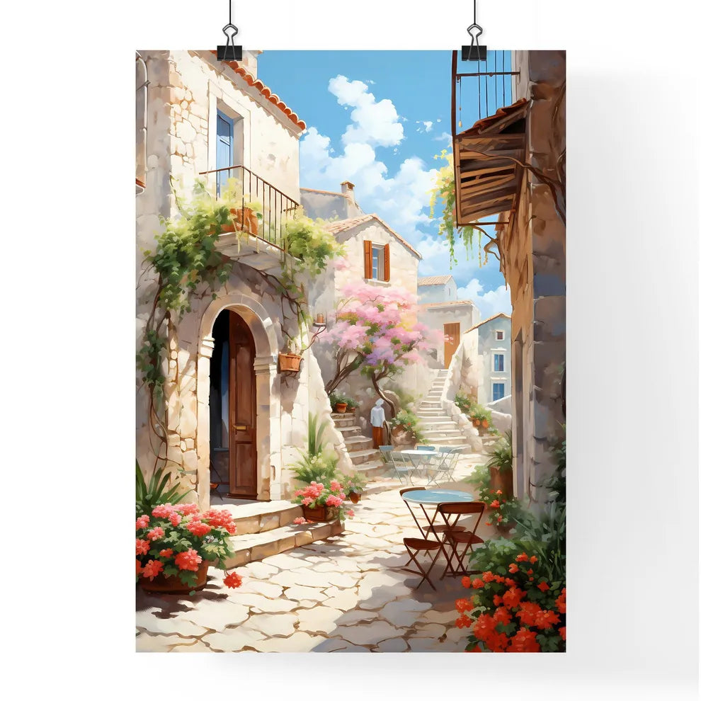 Painting Of A Courtyard With A Table And Chairs Art Print Poster
