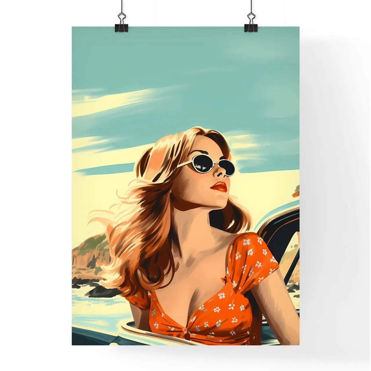 Woman In Sunglasses Looking Out Of A Car Win Poster