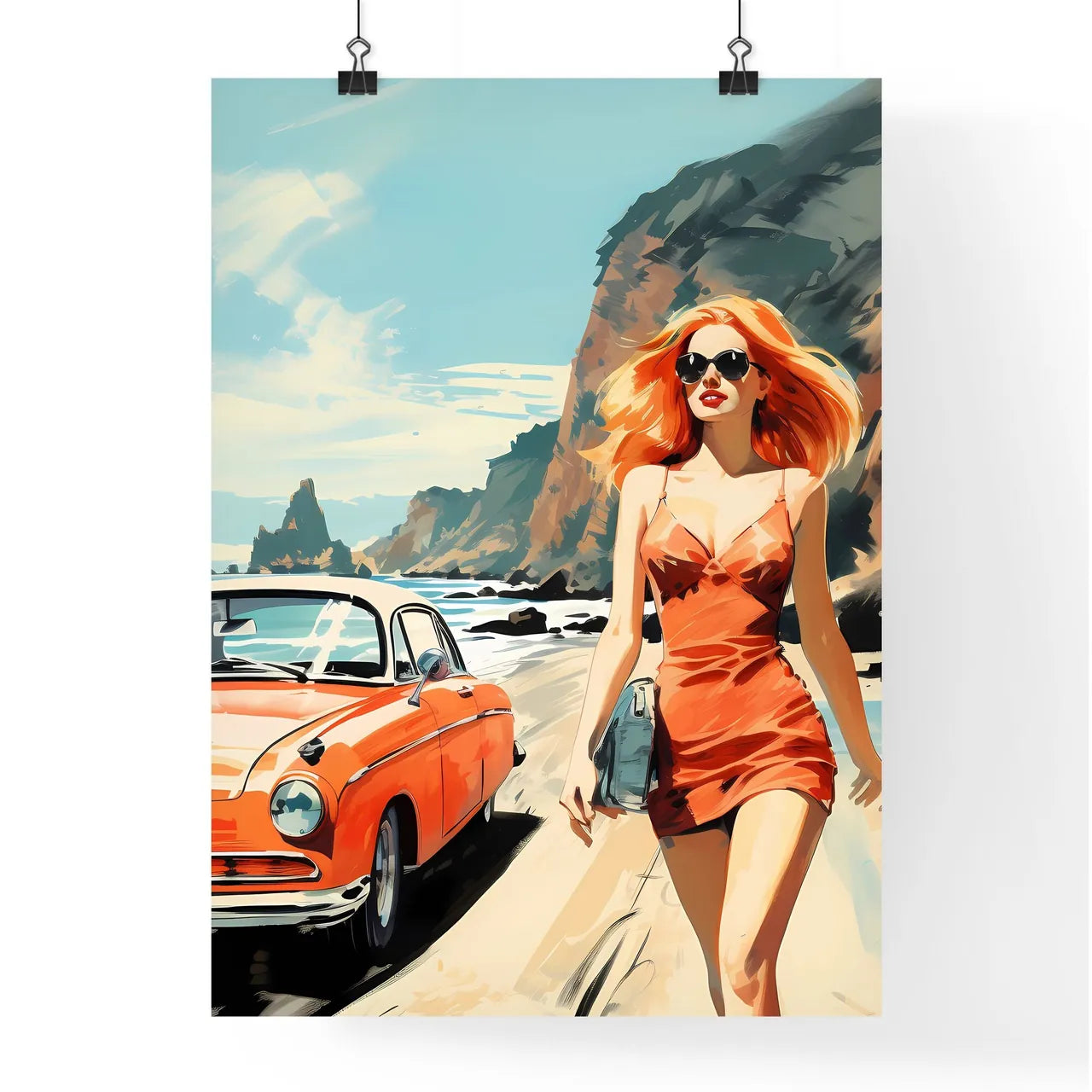 Woman Walking On A Beach With A Car Art Prin Poster