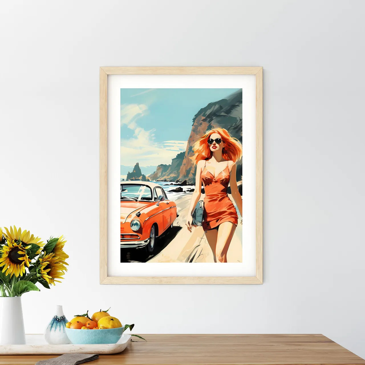 Woman Walking On A Beach With A Car Art Prin - Kitchen Hangings