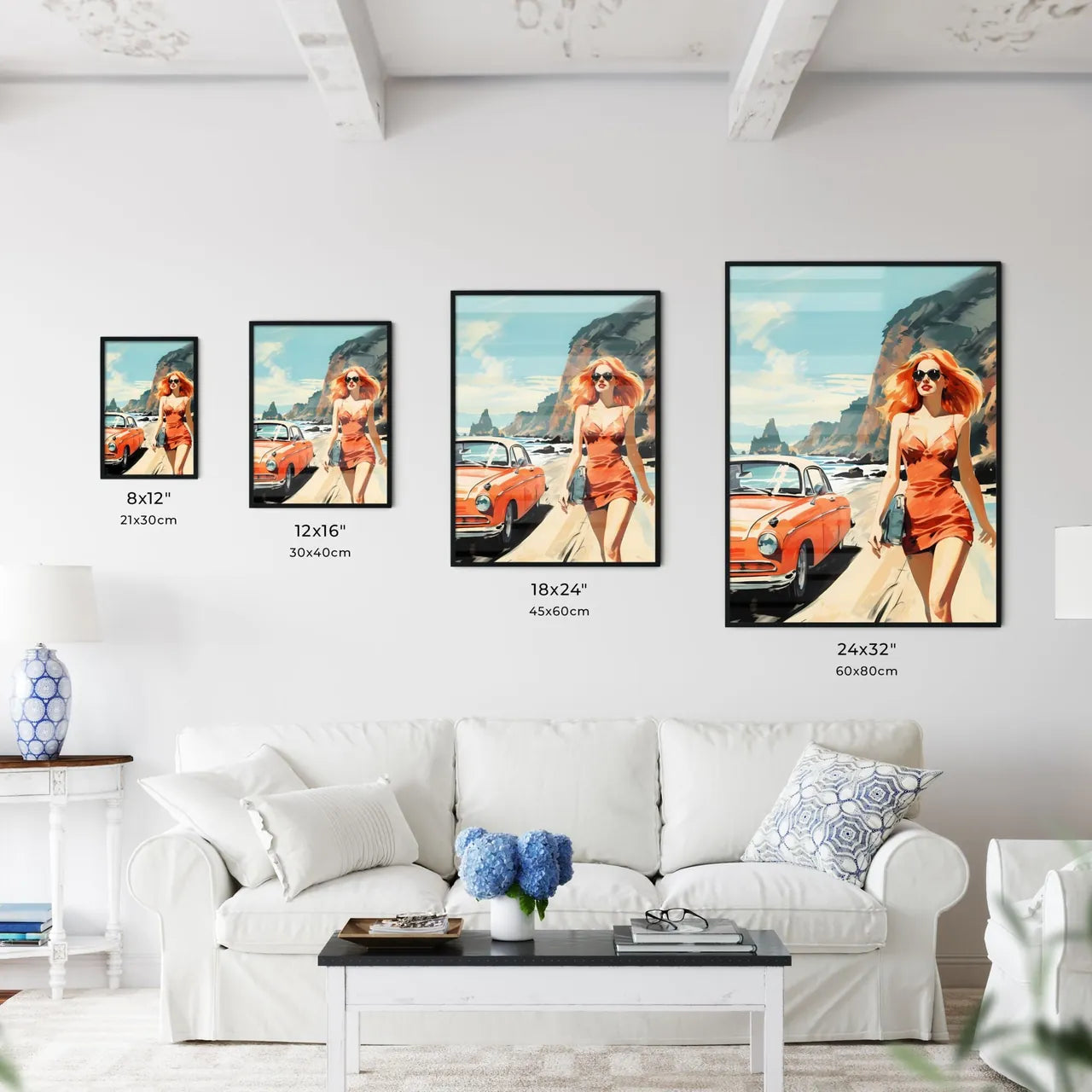 Woman Walking On A Beach With A Car Art Prin Wall Art