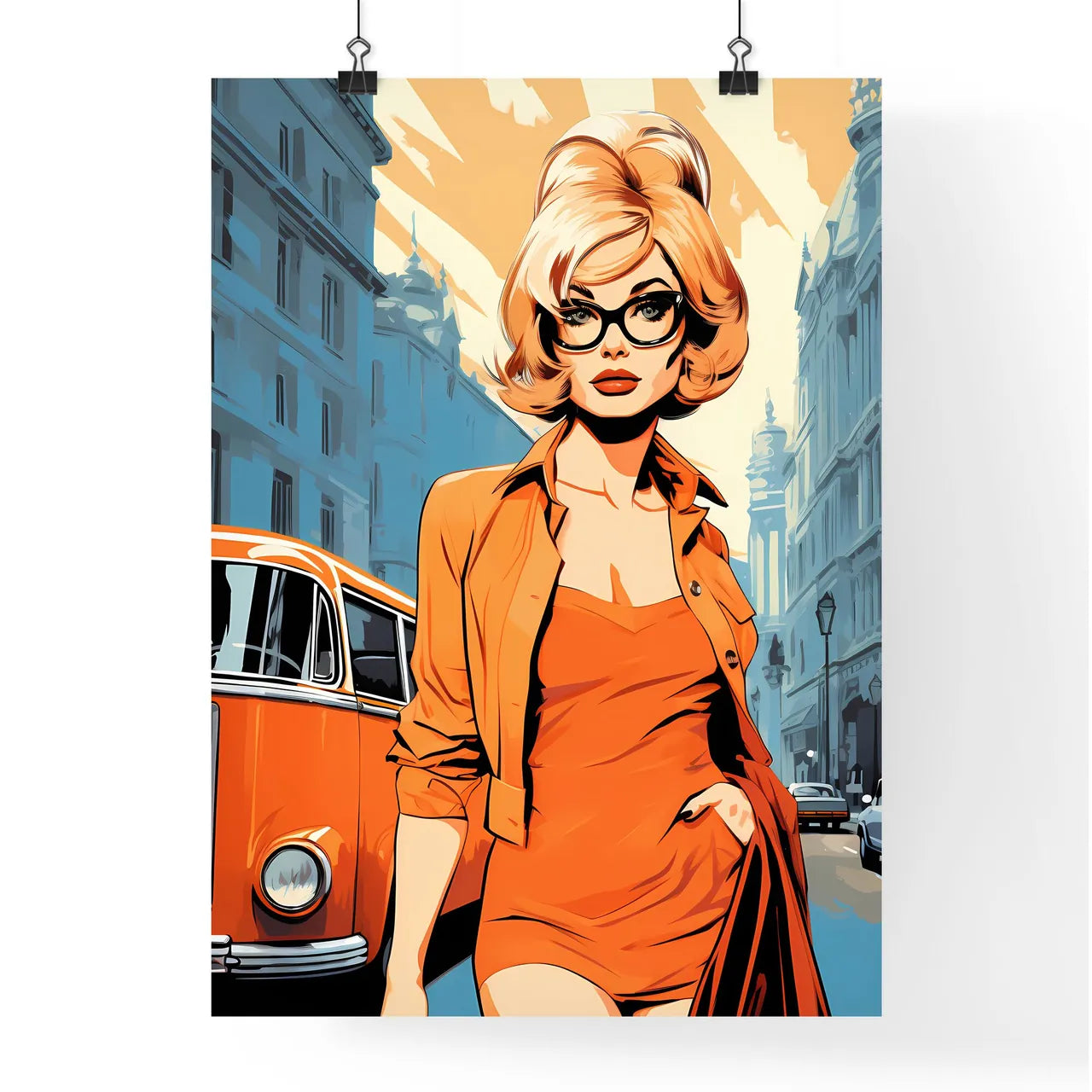 Woman In A Dress And Glasses Standing In A Street Art Print Poster
