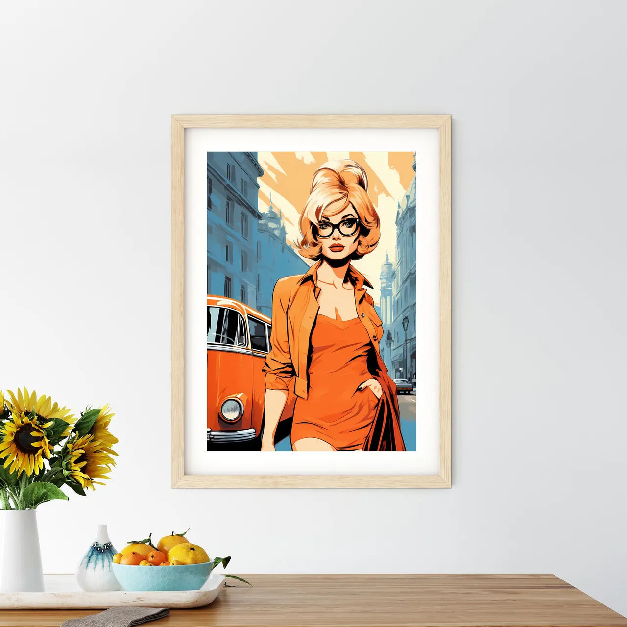 Woman In A Dress And Glasses Standing In A Street Art Print Size Chart