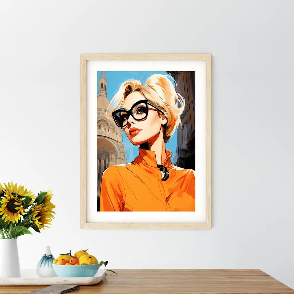 Woman Wearing Glasses And A Orange Shirt Art Print Size Chart