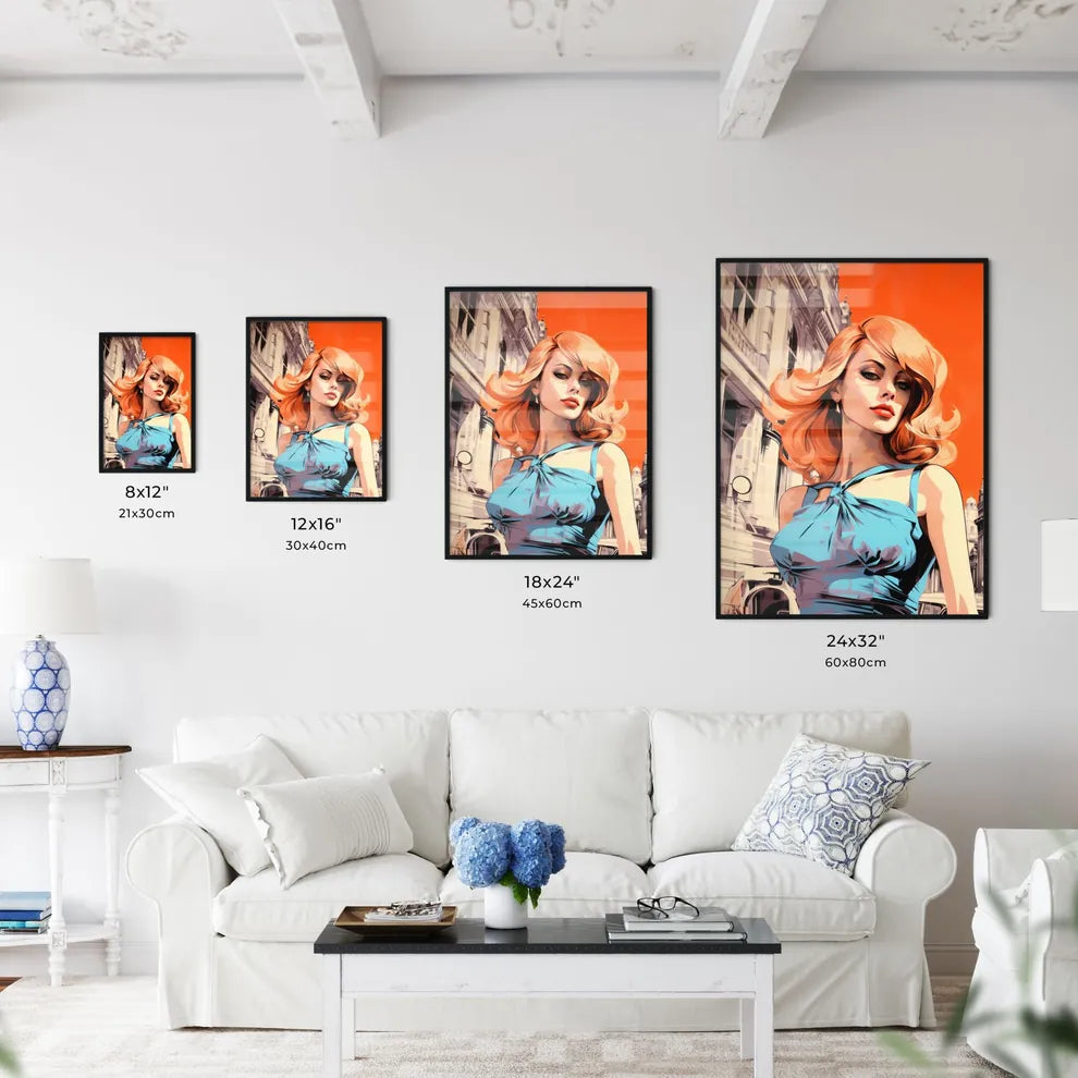 Woman With Red Hair And Blue Dress Art Print Interior Design