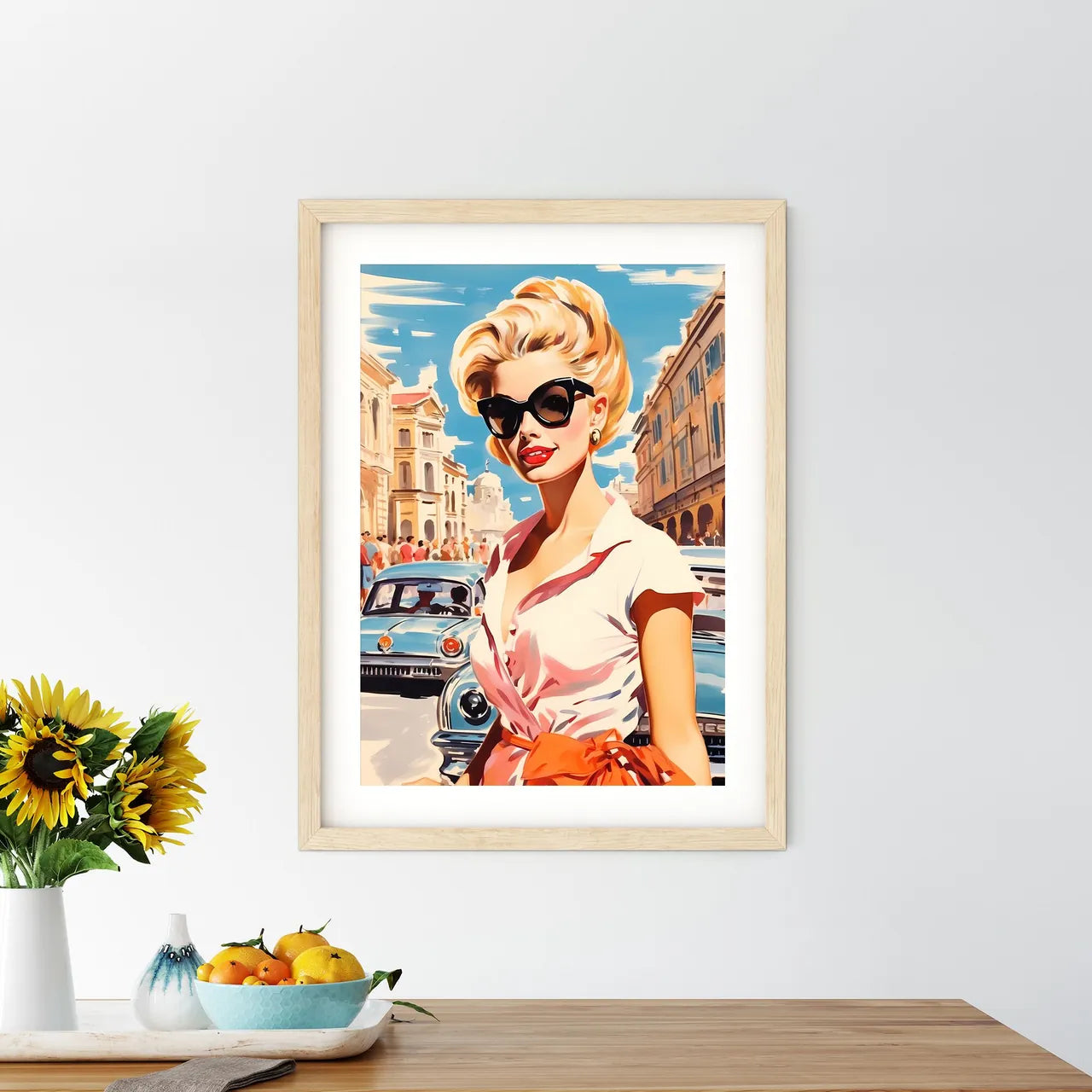 Woman In Sunglasses And A Pink Shirt Art Print Size Chart