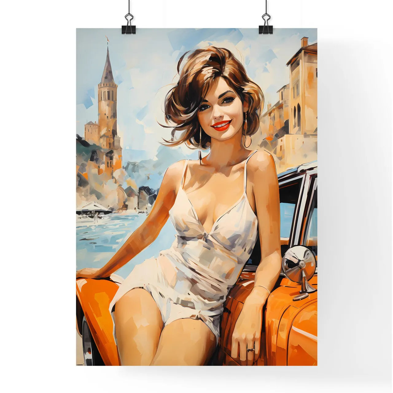 Woman Sitting On A Car Art Prin Poster
