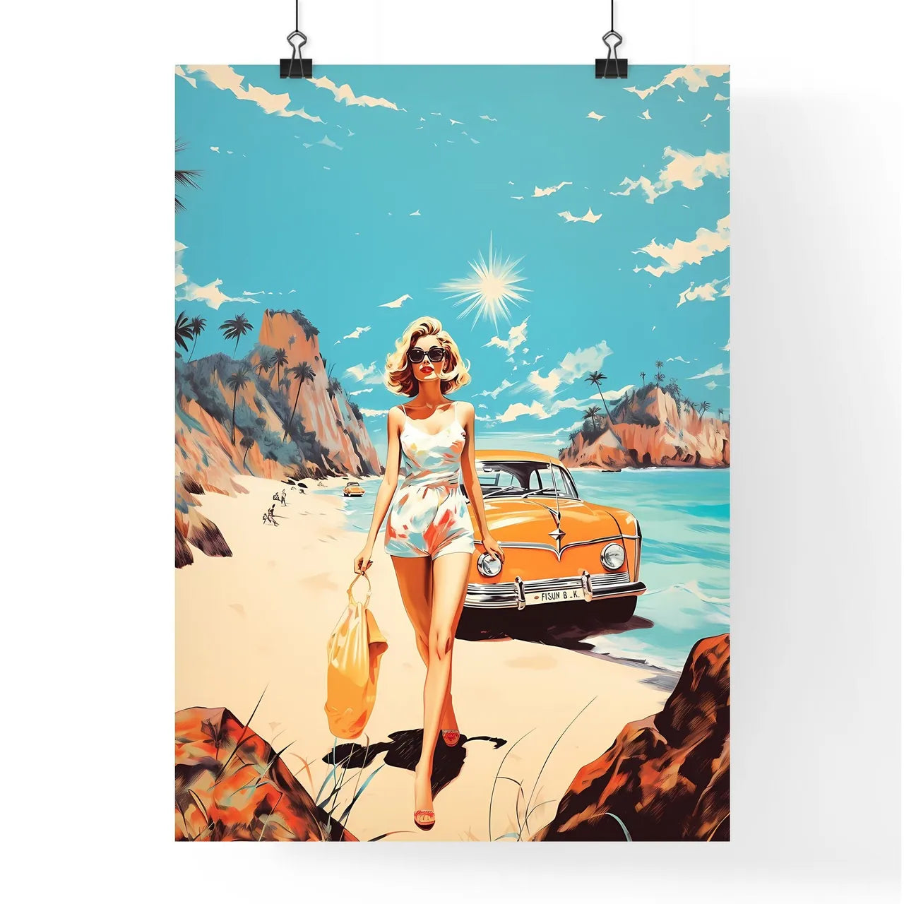 Woman In A White Dress On A Beach With A Car Poster