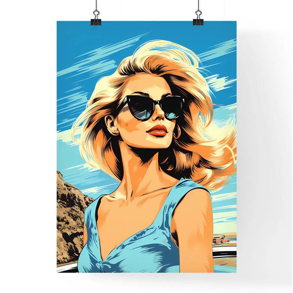 Woman Wearing Sunglasses And Looking At The  Poster
