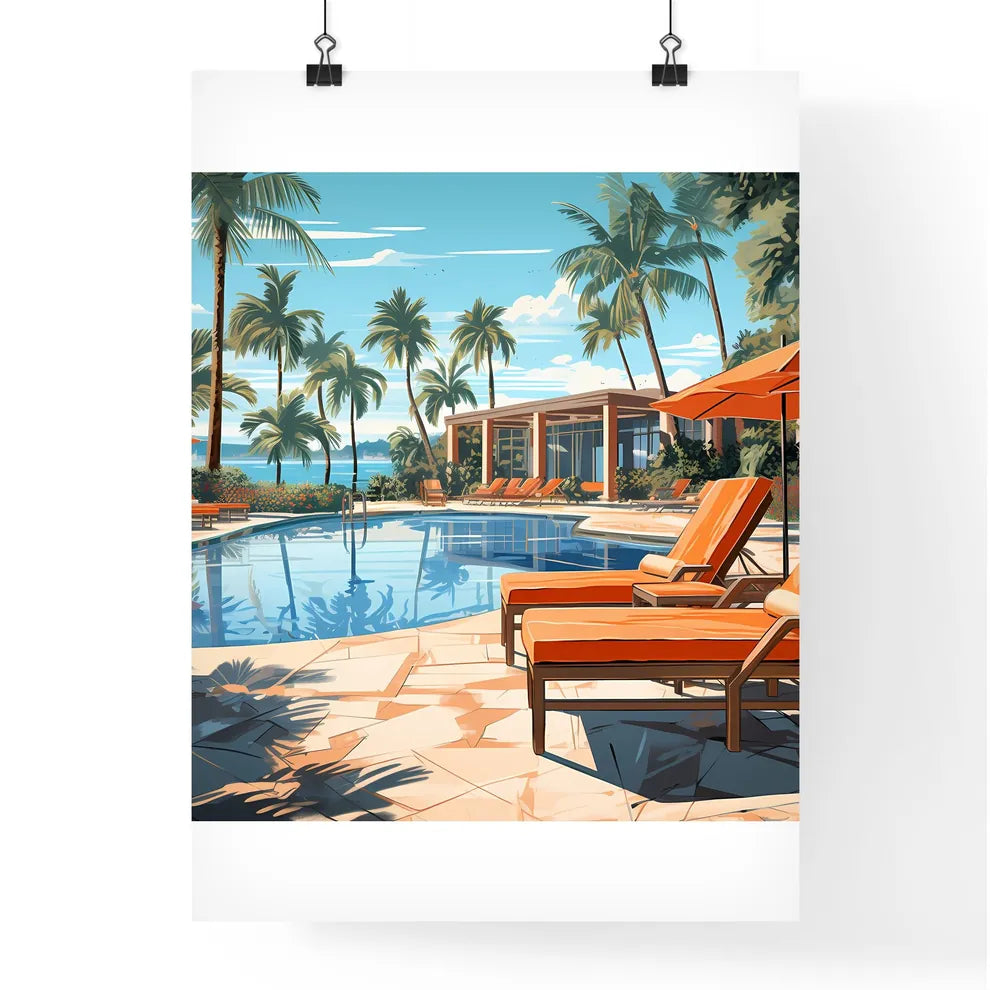 Pool With Chairs And Umbrellas By A Building Poster