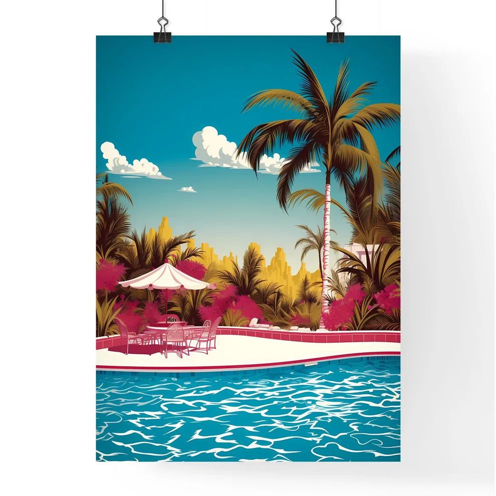 Pool With Tables And Chairs And Palm Trees A Poster