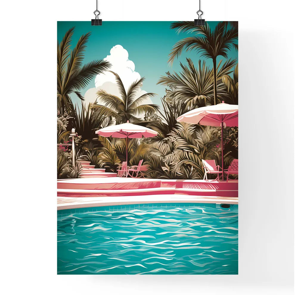 Pool With Pink Chairs And Umbrellas Art Prin Poster