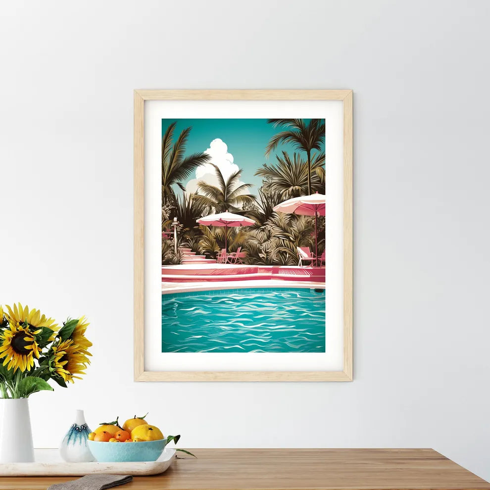 Pool With Pink Chairs And Umbrellas Art Prin - Kitchen Hangings