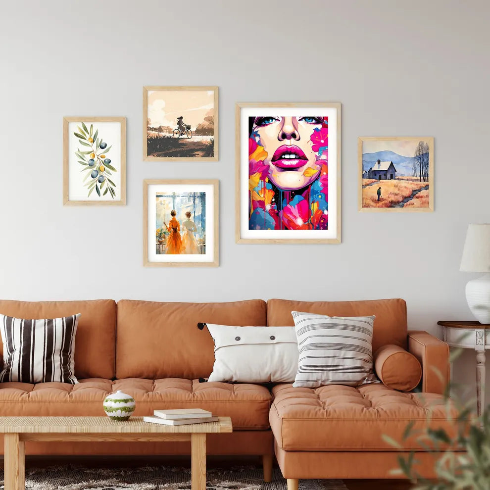 Womans Face With Pink Lips And Colorful Flow Framed Print
