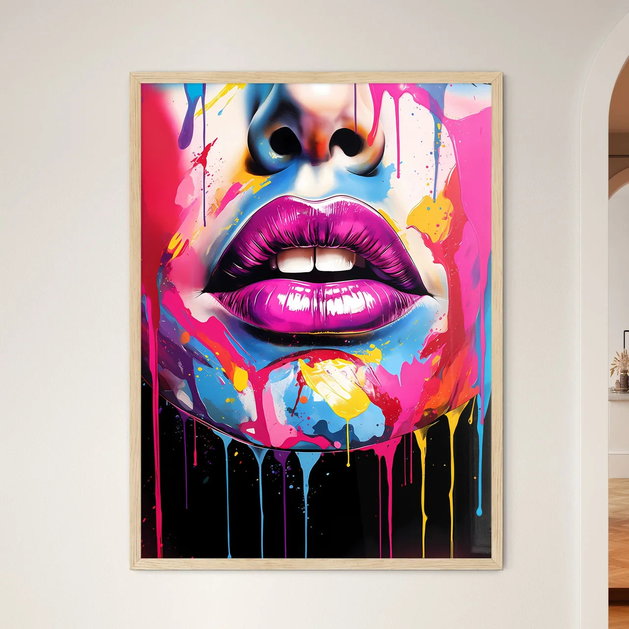 Colorful Lips And Nose With Paint Dripping A - Framed Art Print