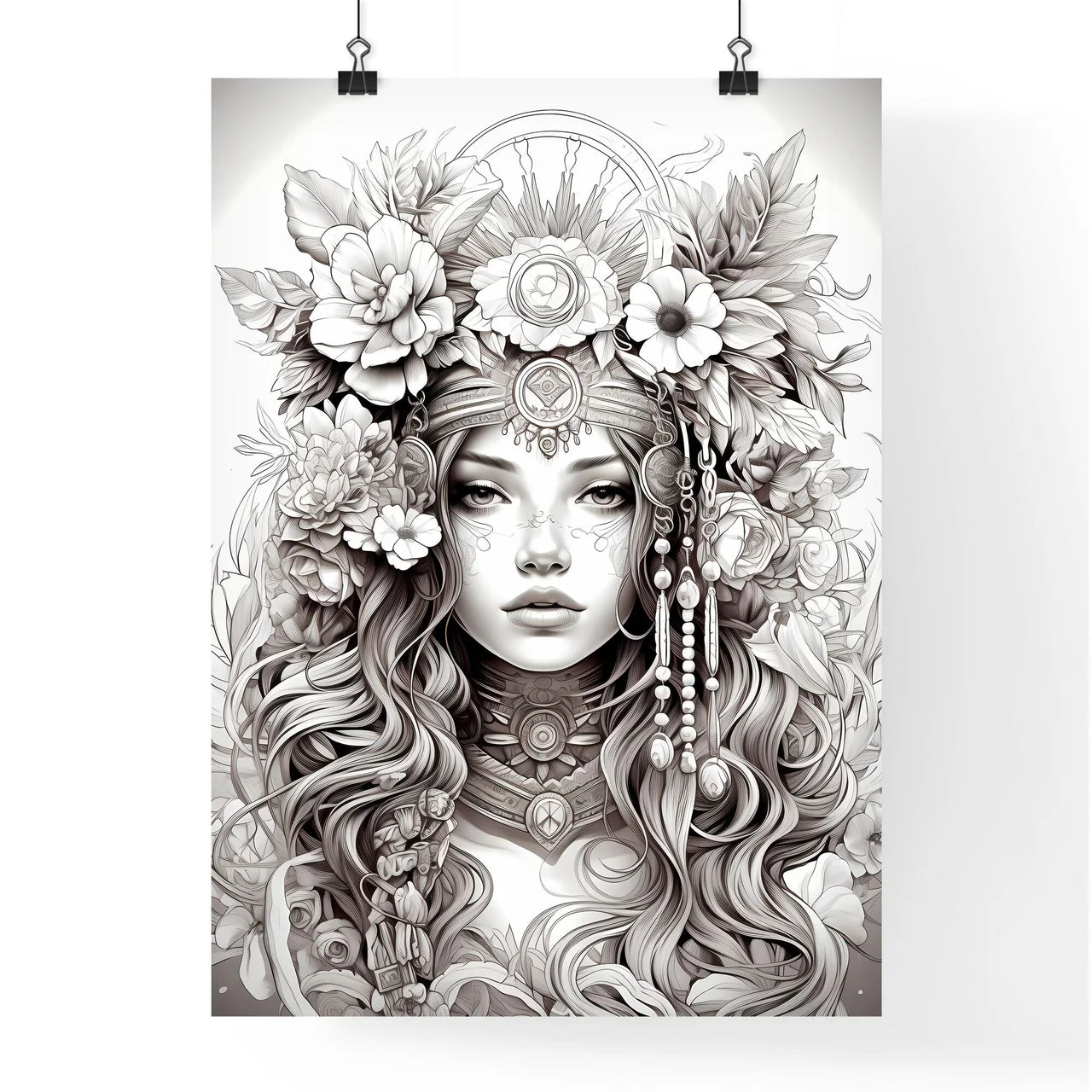 Drawing Of A Woman With Flowers In Her Hair  Poster
