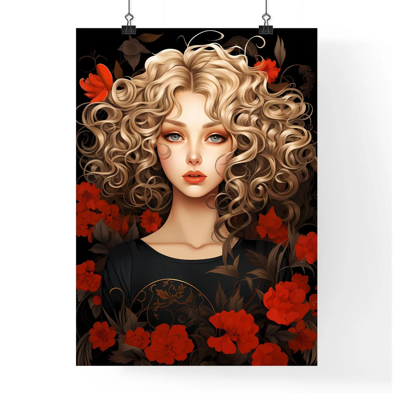 Woman With Curly Blonde Hair And Red Flowers Poster
