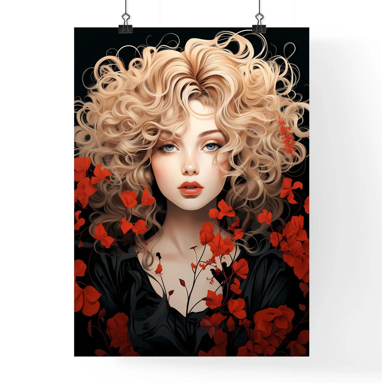 Woman With Blonde Hair And Red Flowers Art P Poster