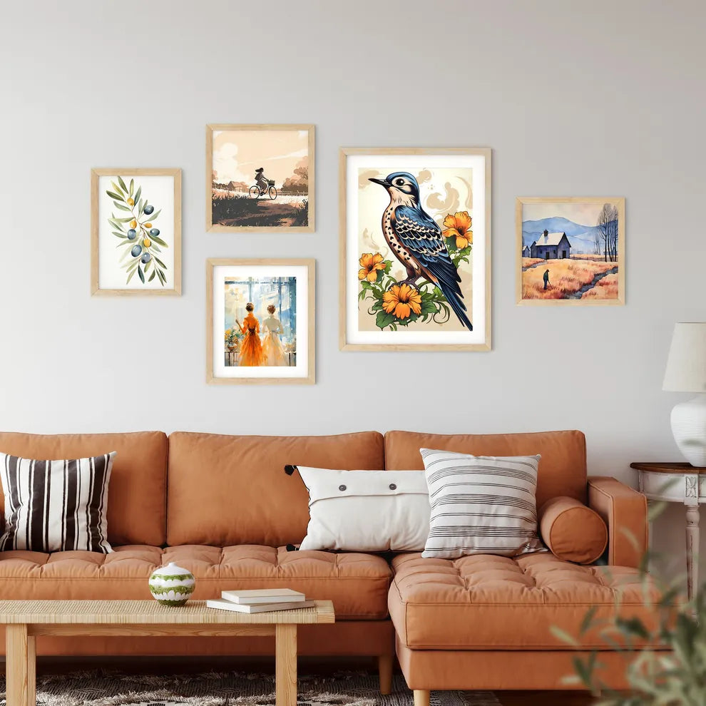 Bird On A Branch With Flowers Framed Print