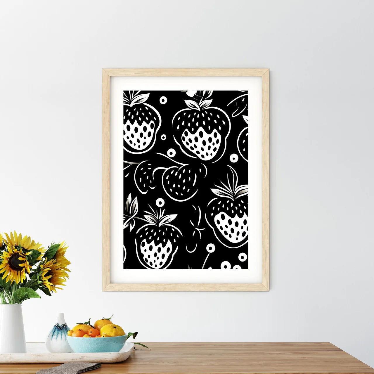 Black And White Pattern Of Strawberries Art  - Kitchen Hangings