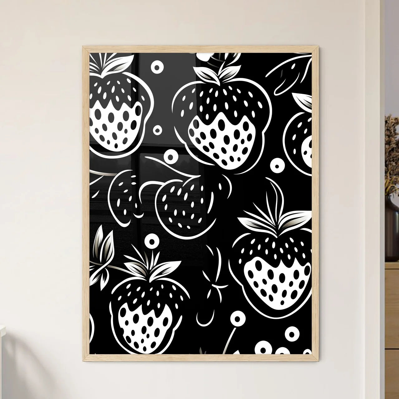Black And White Pattern Of Strawberries Art  - Framed Art Print
