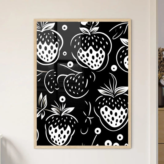 Black And White Pattern Of Strawberries Art  - Framed Art Print