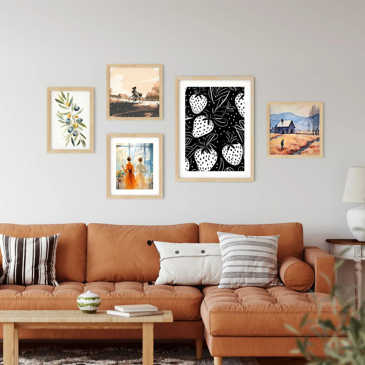 Pattern Of Strawberries And Leaves Art Prin Framed Print