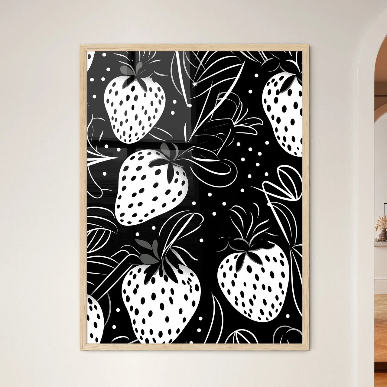 Pattern Of Strawberries And Leaves Art Prin - Framed Art Print