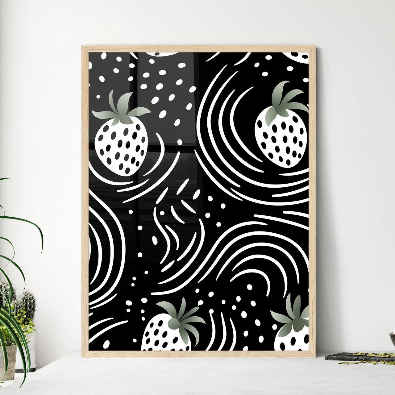 Pattern Of Strawberries And Swirls Art Prin - Framed Art Print