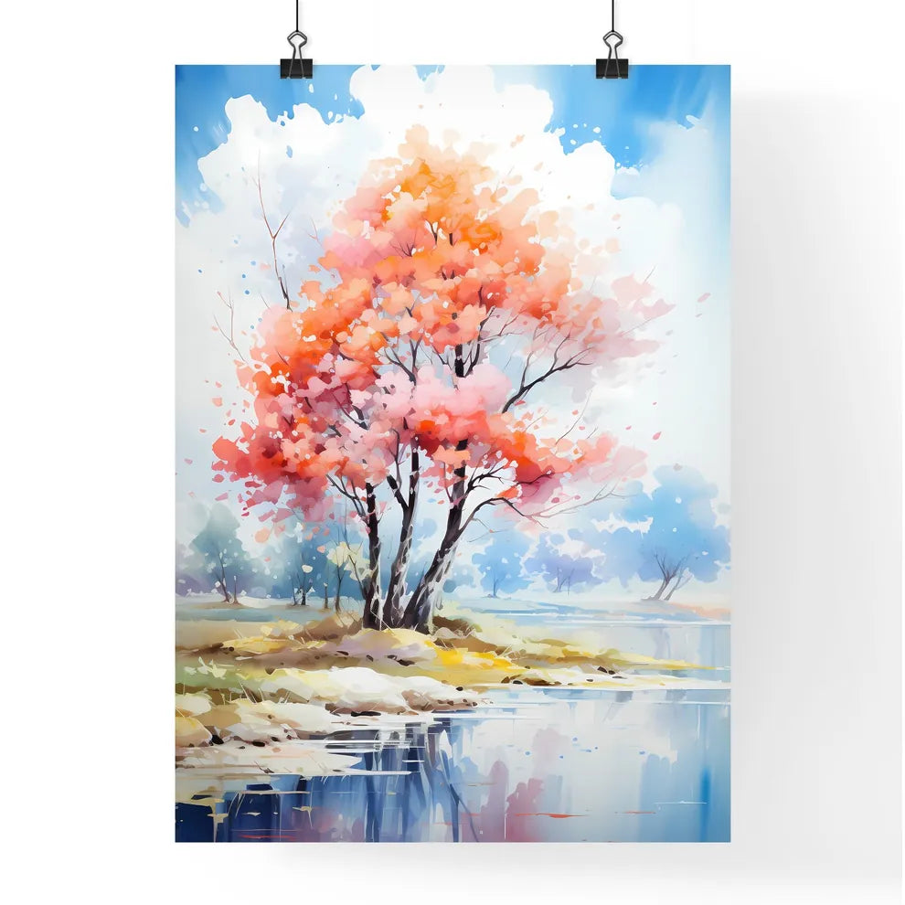 Watercolor Painting Of A Tree With Pink And  Poster