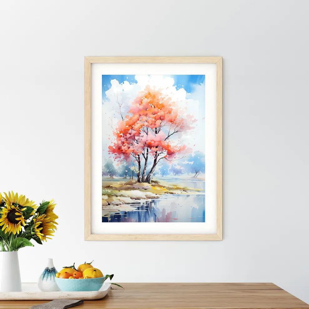 Watercolor Painting Of A Tree With Pink And  - Kitchen Hangings