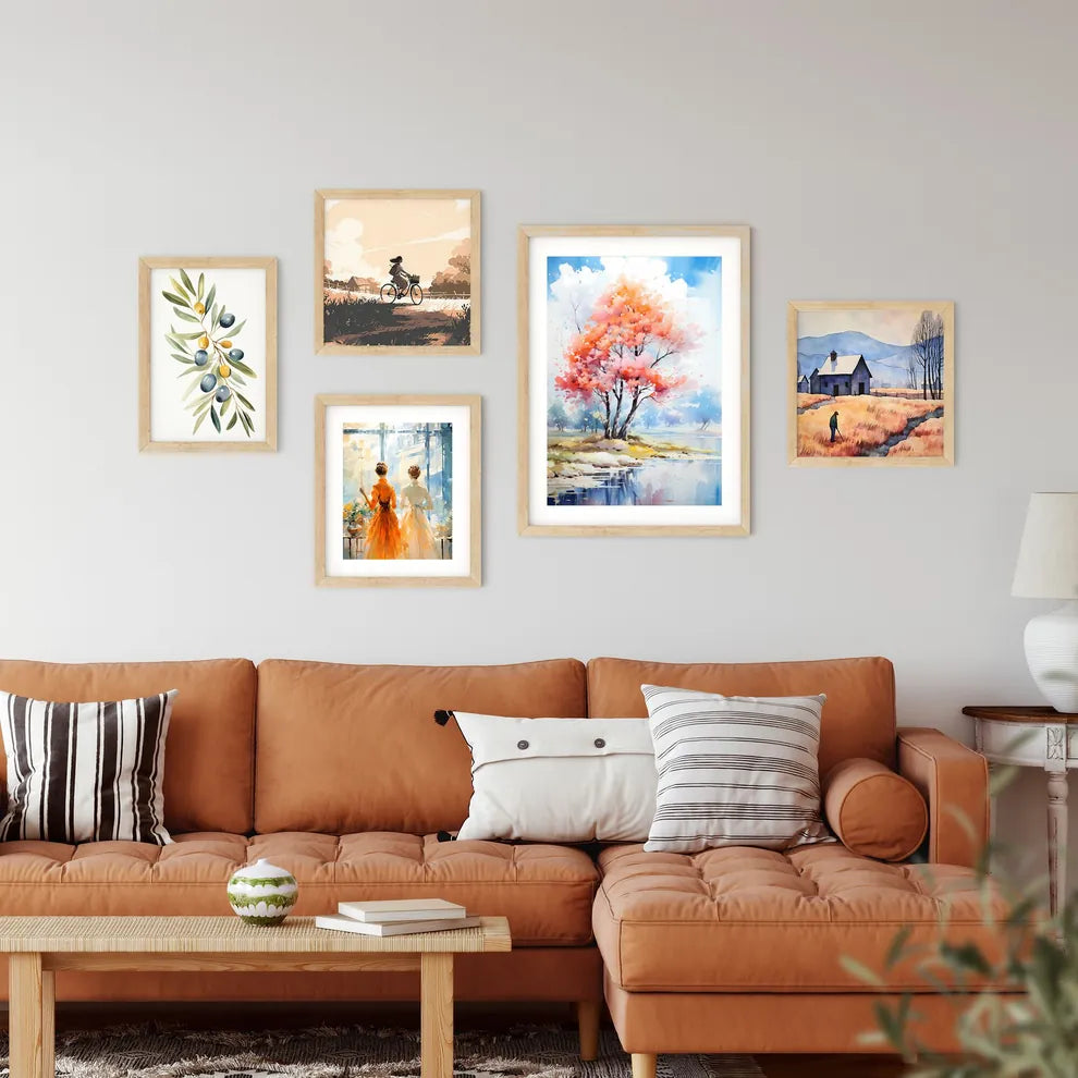 Watercolor Painting Of A Tree With Pink And  Framed Print