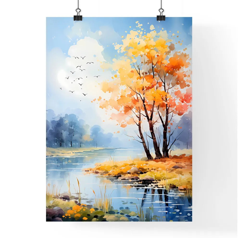 Watercolor Painting Of Trees And A River Wit Poster