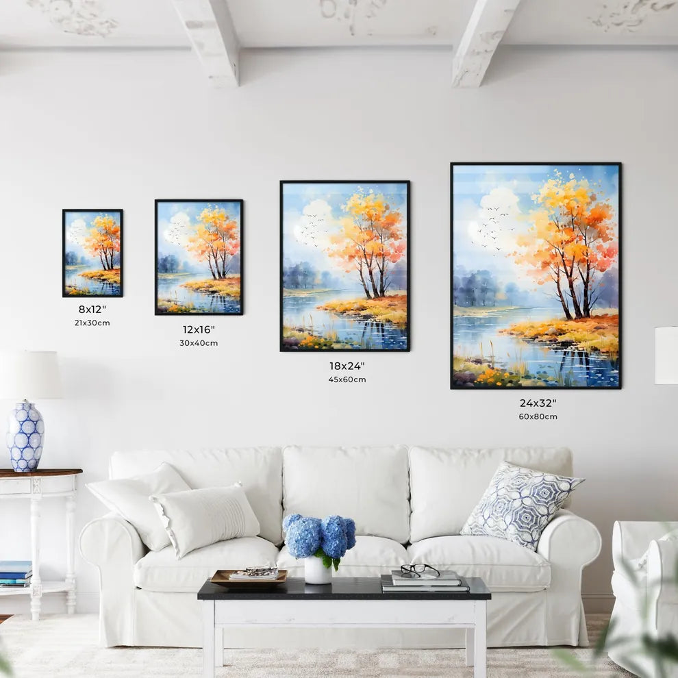 Watercolor Painting Of Trees And A River Wit Wall Art