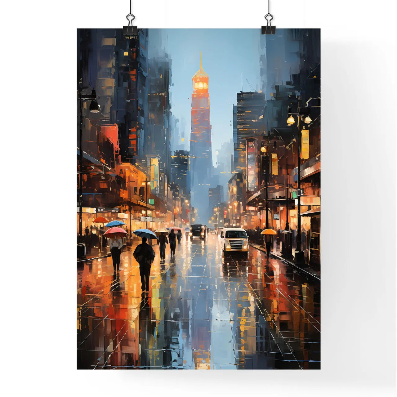 City Street With People Walking With Umbrellas Art Print Poster