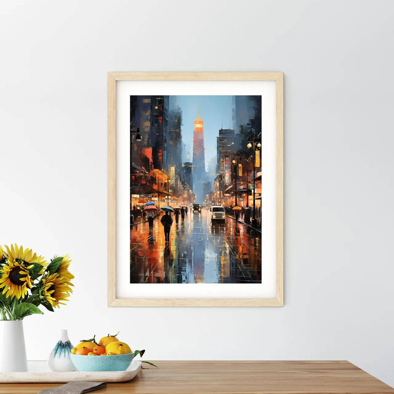 City Street With People Walking With Umbrellas Art Print Size Chart