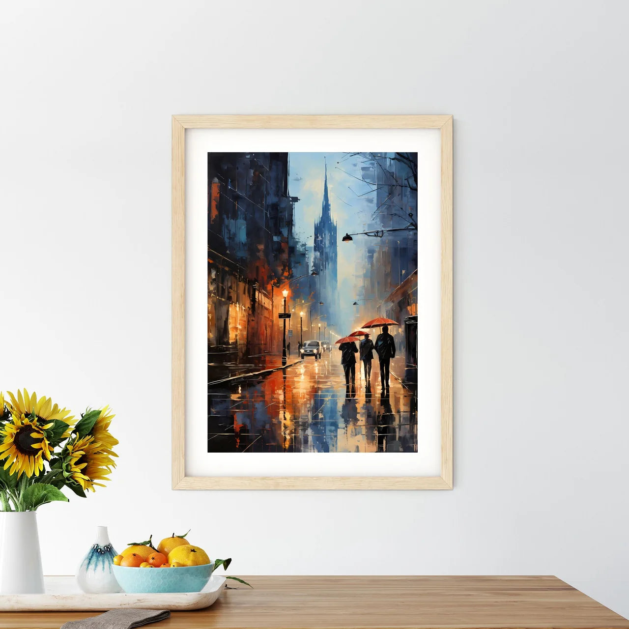 Group Of People Walking Down A Street With Umbrellas Art Print Size Chart