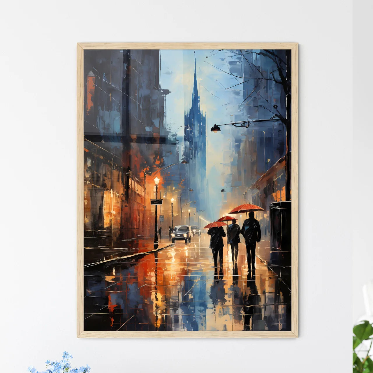 Group Of People Walking Down A Street With Umbrellas Art Print Framed Art
