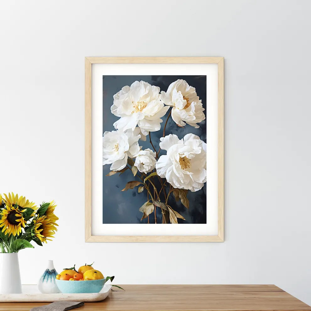 White Flowers On A Blue Background Art Prin - Kitchen Hangings