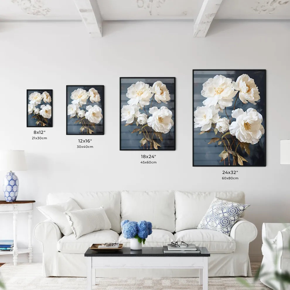 White Flowers On A Blue Background Art Prin Wall Art