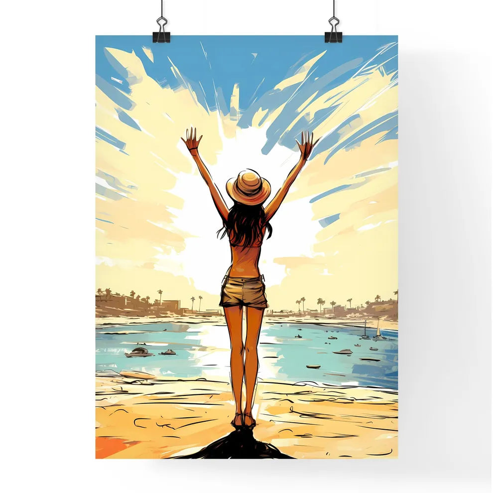 Woman Standing On A Beach With Her Arms Up A Poster