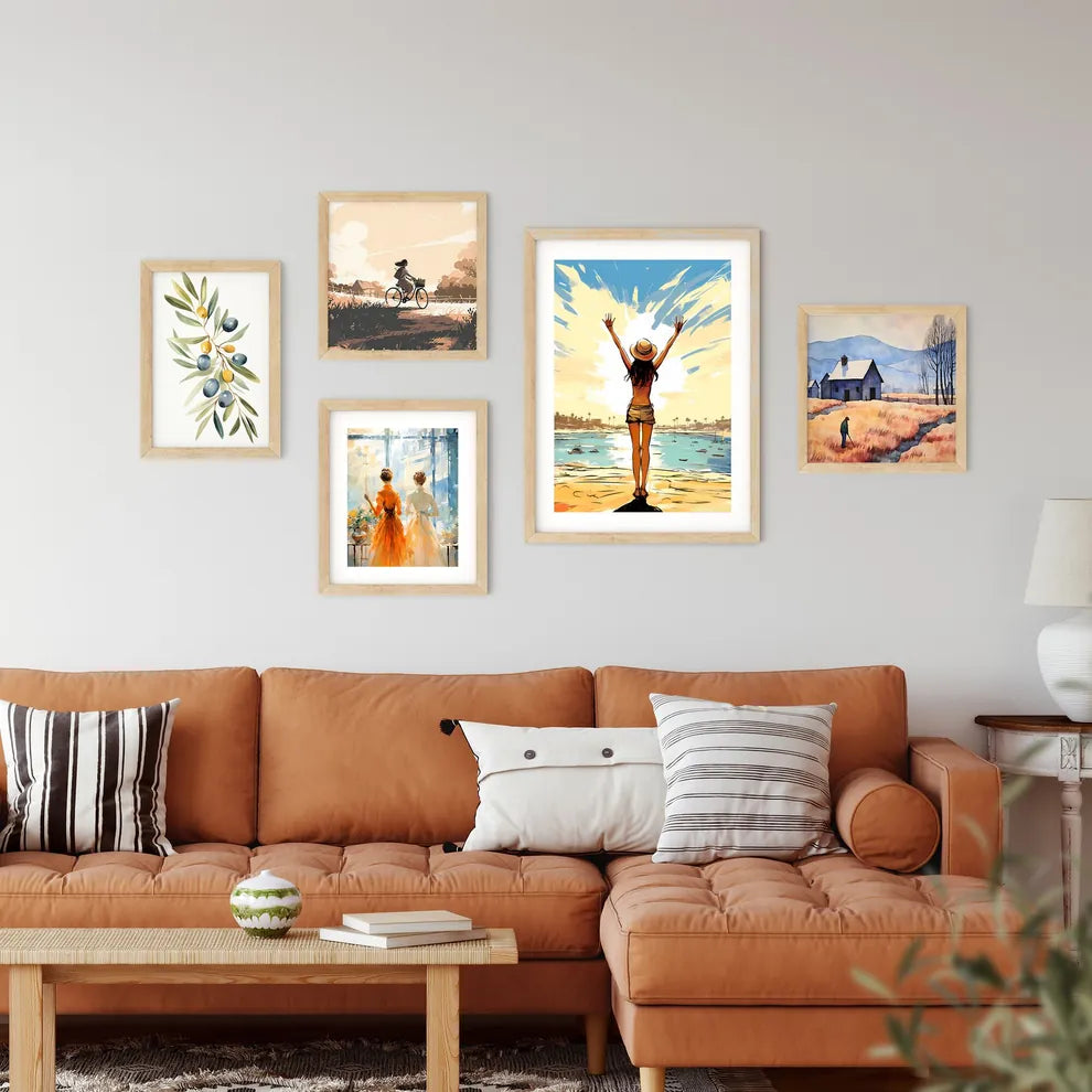 Woman Standing On A Beach With Her Arms Up A Framed Print