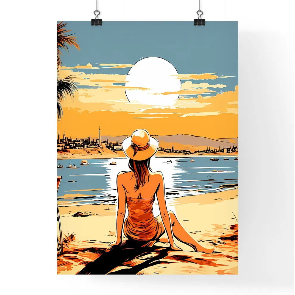 Woman Sitting On A Beach Looking At The Sun  Poster