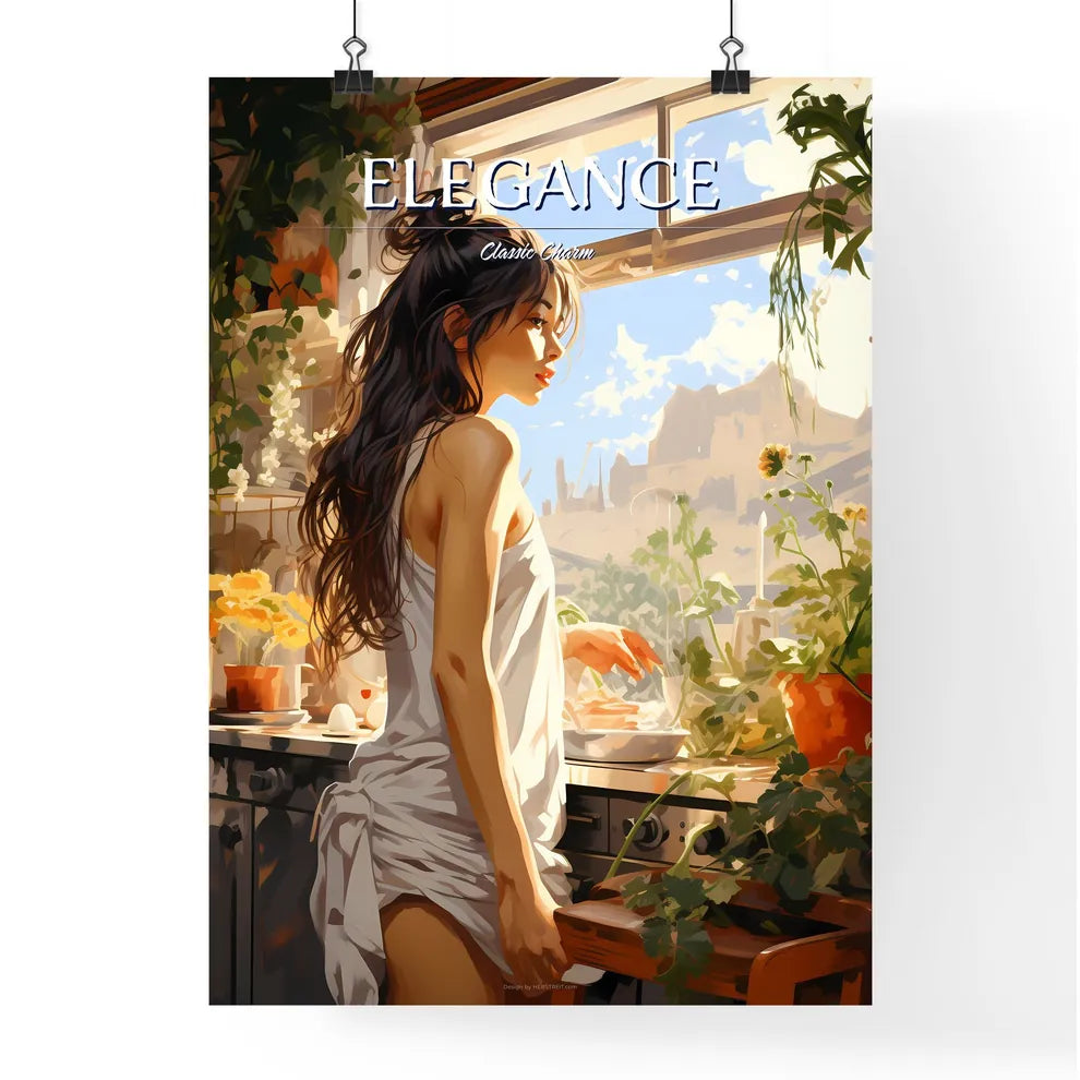 Woman In A White Dress Standing In Front Of  Poster